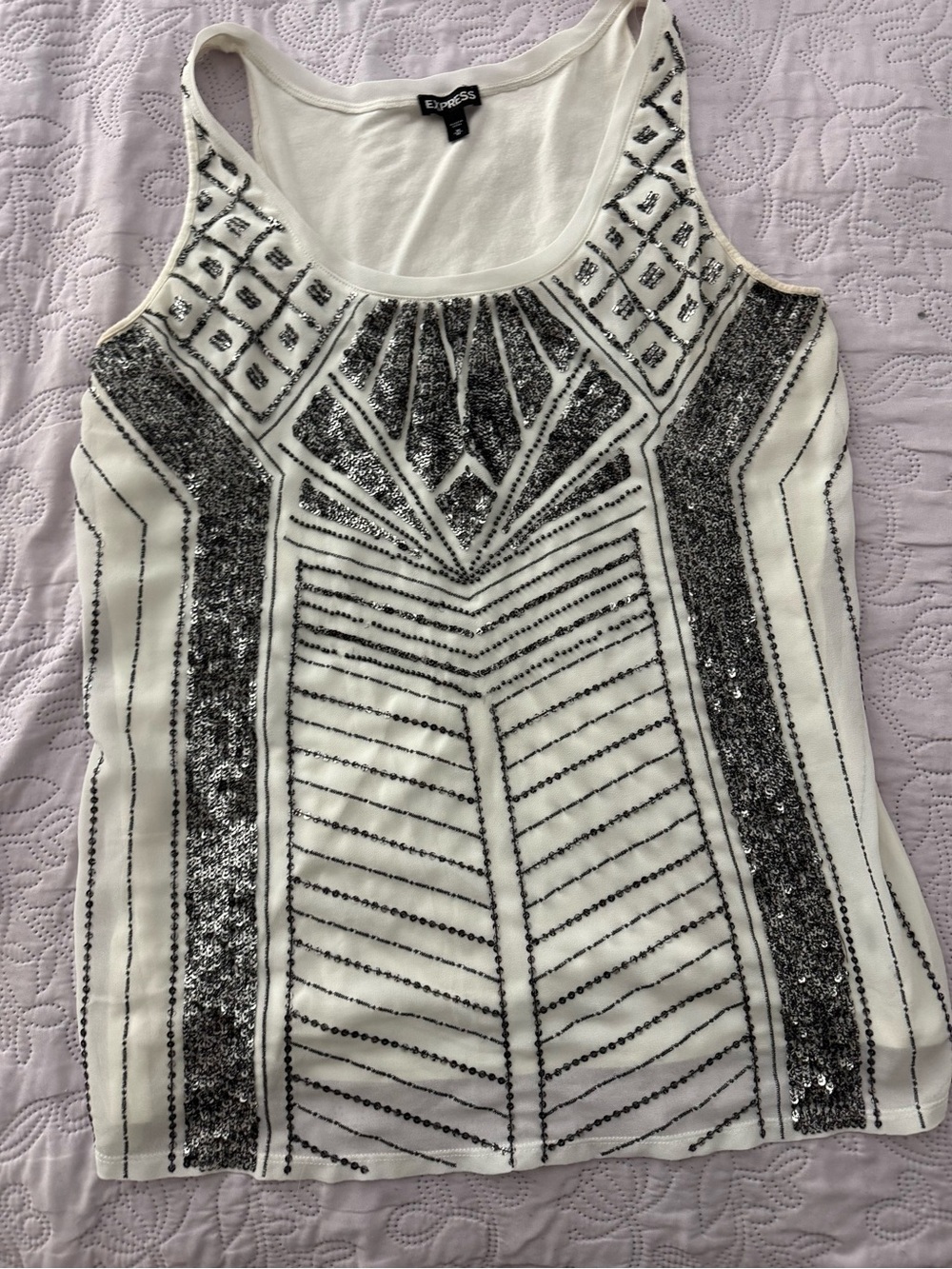 Express White Tank Top with Silver Sequin Geometric Design